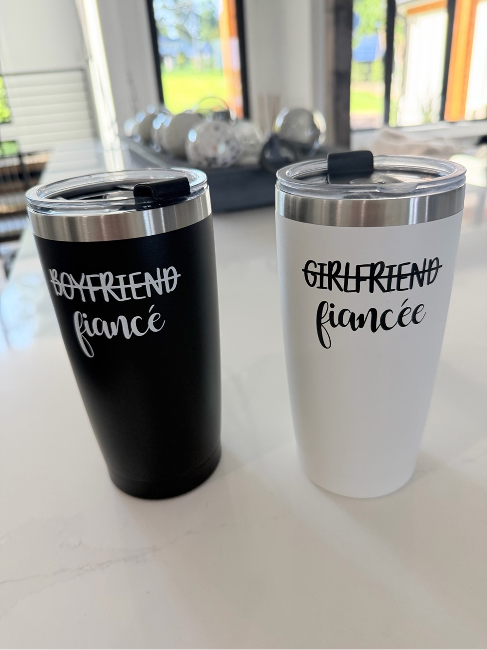 Set of 2 Engraved Travel Tumblers - Black & White "fiancé/fiancée"